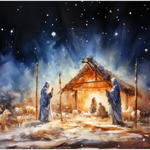 May include: A watercolor painting depicting the nativity scene with a wooden stable, a bright star, and three figures in blue robes. The scene is set against a dark blue night sky with white stars.