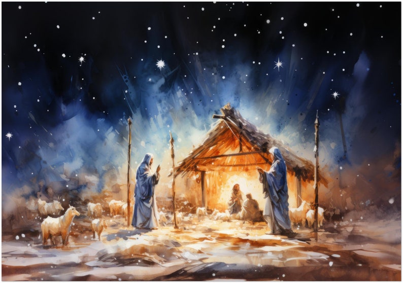 May include: A watercolor painting depicting the nativity scene with a wooden stable, a bright star, and three figures in blue robes. The scene is set against a dark blue night sky with white stars.