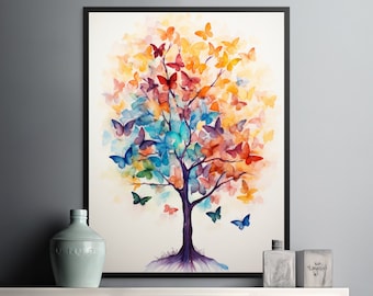 Butterfly Haven - Colorful Watercolor Tree Digital Download Art, Tree of Life filled with Butterflies, Peace and Love, Wall Art Printable