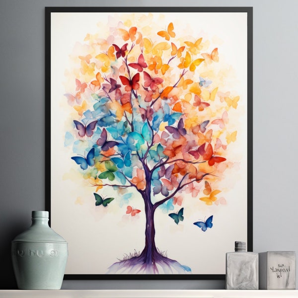 Butterfly Haven - Colorful Watercolor Tree Digital Download Art, Tree of Life filled with Butterflies, Peace and Love, Wall Art Printable