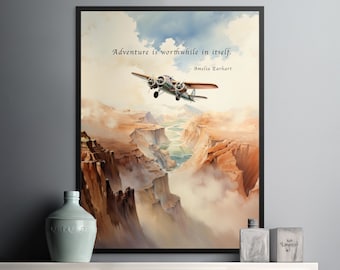 Amelia Earhart Flight - Watercolor Sky Retro Plane - Adventure is worthwhile in itself - Digital Art Download, Kirchen Wall Art Decor