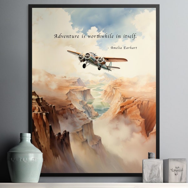 Amelia Earhart Flight - Watercolor Sky Retro Plane - Adventure is worthwhile in itself - Digital Art Download, Kirchen Wall Art Decor
