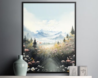 Blooms & Peaks - Spring Flowers, Snowy Mountains Watercolor Digital Art, Downloadable Artwork, Wall Decor for Kitchen and Living Room