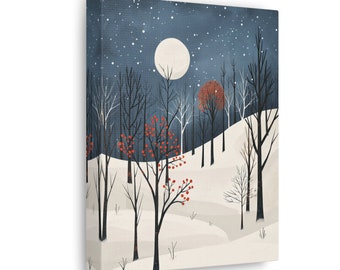 Winter Moonlit Berries Canvas Gallery Wrap, Stylized Full Moon Night Scene Illustration, Snow-Covered Woodland Wall Art, Christmas Gift