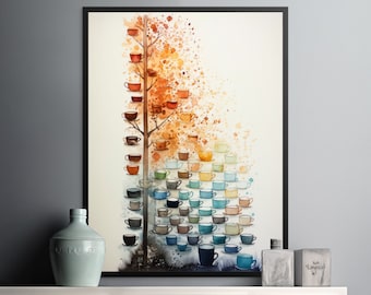 Aromatic Foliage - Coffee Cups Tree Watercolor Instant Digital Download, Gift for Coffee lovers, Tree of Coffee Life