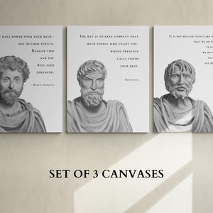 Set of 3 Stoic Artwork Canvases: Marcus Aurelius, Epictetus, Seneca. Hand-drawn Stoic Art, Gift for Husband, Memento Mori, Stoicism Print