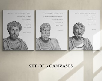 Set of 3 Stoic Artwork Canvases: Marcus Aurelius, Epictetus, Seneca. Hand-drawn Stoic Art, Gift for Husband, Memento Mori, Stoicism Print