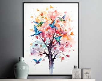 Azure Flight - Group of Blue Hummingbirds Watercolor Digital Download, Colorful Tree and Birds Artwork, Kitchen Wall Art Decor Gift