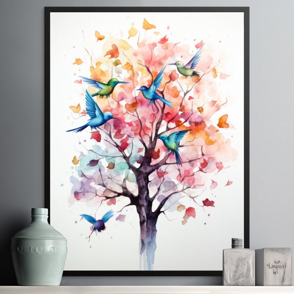 Envolée d'azur - aquarelle en téléchargement numérique, groupe de colibris bleus, oeuvre d'art colorée d'arbres et d'oiseaux, cadeau déco cuisine murale