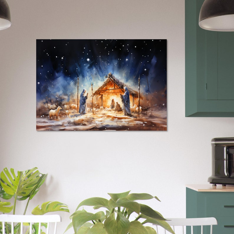 May include: A watercolor painting depicting the nativity scene with a wooden stable, three figures, and a star-filled night sky.