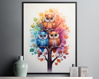Owl Trio - Three Owls on a Tree Watercolor Digital Download Art, Girls Room Decor, Love for Owls, Printable Artwork