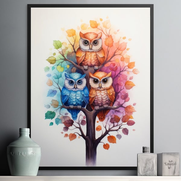 Owl Trio - Three Owls on a Tree Watercolor Digital Download Art, Girls Room Decor, Love for Owls, Printable Artwork