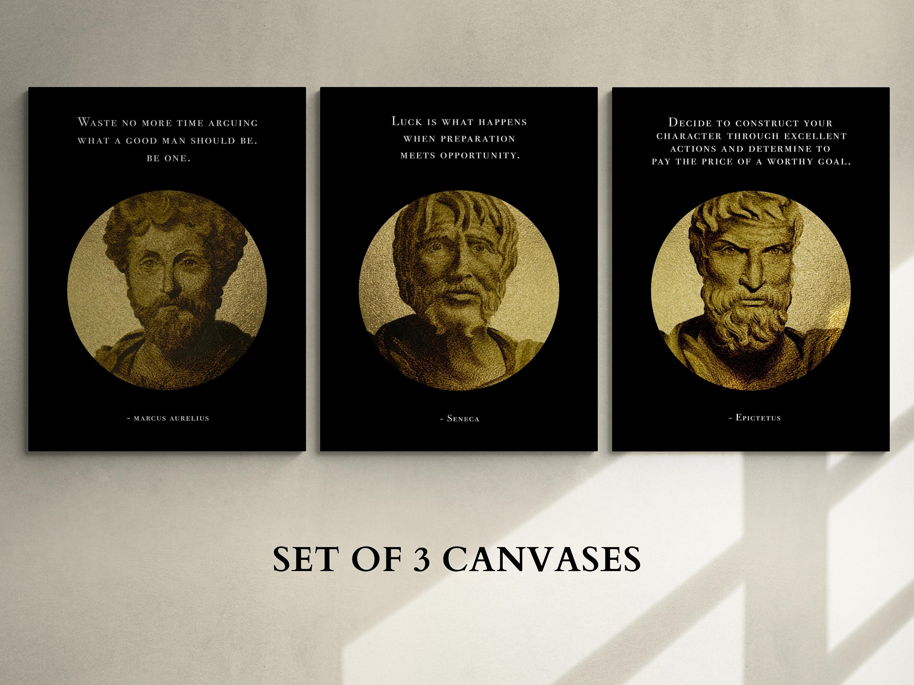 Set of 3 Stoic Artwork Canvases: Marcus Aurelius, Epictetus, Seneca. Hand-drawn Stoic Art, Gift for Husband, Memento Mori, Stoicism Prints