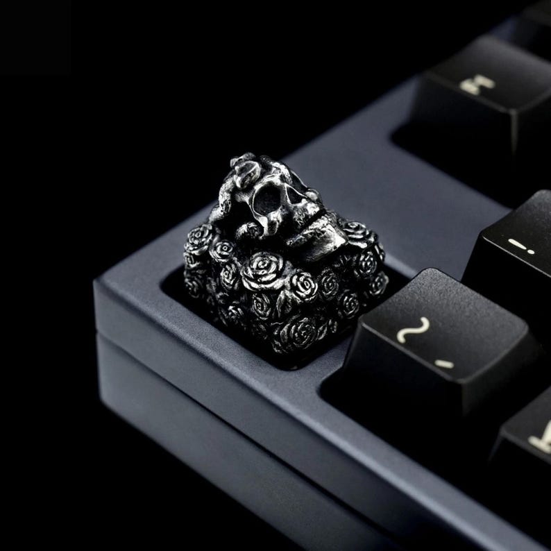 Skull Keycap: Handmade Sterling Silver Artisan Keycap for Mechanical Keyboard Silver Rose Skull