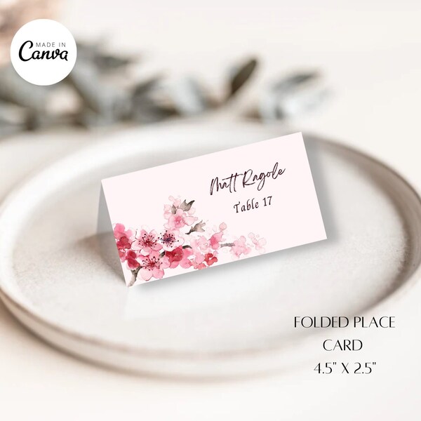Wedding Place Card Template, Editable ,Printable, Instant Download | Chinese | Floral | Folded Detail Cards | Seating Name Card | Sakura-S2