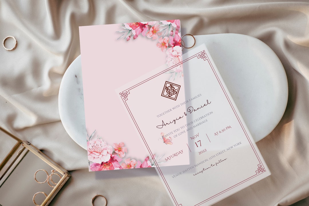 VELLUM Set Asian Chinese Wedding Invitation Template,editable,printable