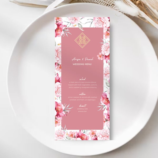 Asian Chinese Wedding Invitation Template, Editable, Printable, Instant Download | Pink | Peony | Floral | Double Happiness | Floral-F1A