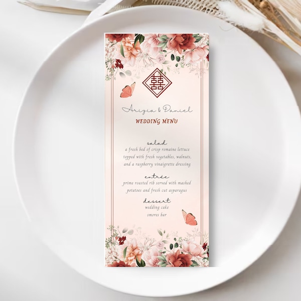 Asian Chinese Wedding Table Menu Template, Editable, Printable, Instant Download | Pink | Peony | Floral | Double Happiness | Butterfly-B4A