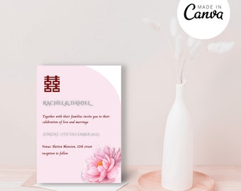 Asian Chinese Wedding Invitation Template, Editable ,Printable,Instant Download | Pink | Peony | Minimalist | Double Happiness | Floral-F11A