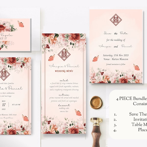 4 PIECE Asian Chinese Wedding Invitation Template Bundle Set,Editable,Printable,Instant Download | Floral | Double Happiness | Butterfly-B4A