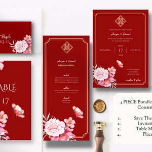 4 PIECE Asian Chinese Wedding Invitation Template Bundle Set,Editable, Printable,Instant Download | Minimalist | Red | Peony | Butterfly-B1A
