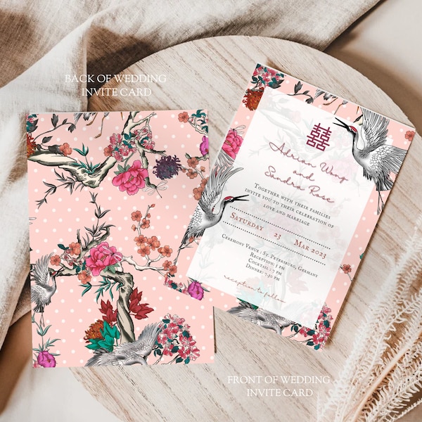 DIY Asian Chinese Wedding Invitation Template, Editable, Printable, Instant Download | Cranes| Floral| Double Happiness| Nyonya Peranakan-P3