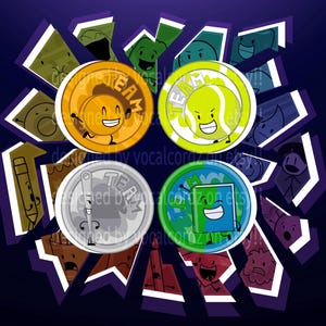May include: Four cartoon character buttons with the word "TEAM" on them. The buttons are yellow, green, silver, and blue. Each button has a different cartoon character on it. The background is dark blue with purple geometric shapes.