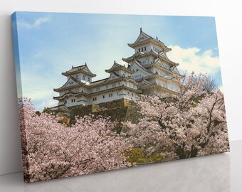 Japanese Temple Cherry Blossom Canvas Wall Art, Large Framed Japan Print Home Decor Wall Art, Aesthetic Room Decor, Living Room Art Print