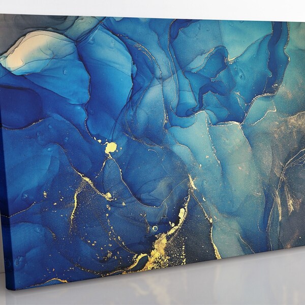 Abstract Alcohol Ink Canvas Art: Blue Marble Print, Framed Wall Decor