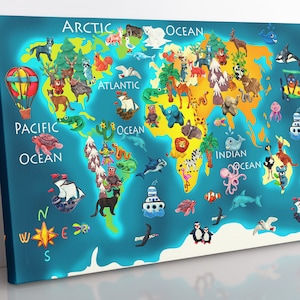 Weltkarte Für Kinder Leinwand Wandkunst, gerahmt Kinder Atlas Home Dekor Wandkunst, Kinderzimmer Dekor LeinwandDruck, Pädagogische Wandkunst