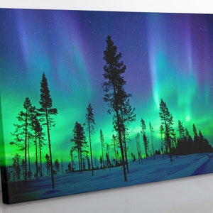 Aurora Borealis Northern Lights Canvas Wall Art, Large Framed Forest Landscape Print Home Decor Wall Art, Aesthetic Room Decor Print