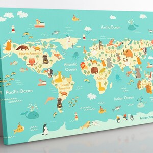 Wereldkaart voor kinderen Canvas Kunst aan de muur, Ingelijste Children's Atlas Home Decor Wall Art, Kids Room Decor Canvas Print, Educatieve Kunst aan de muur