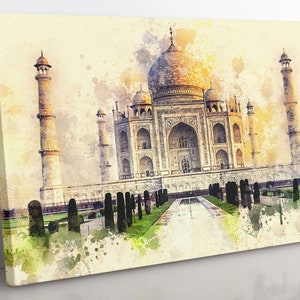 Taj Mahal India Moslem Temple Canvas Wall Art, Large Framed Islamic Watercolour Reproduction Home Decor Wall Art, Aesthetic Room Decor