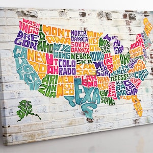America Graffiti Map Canvas Wall Art, Framed USA Map Canvas Print Home Decor Wall Art, Aesthetic Room Decor, Living Room Art Print Home Gift
