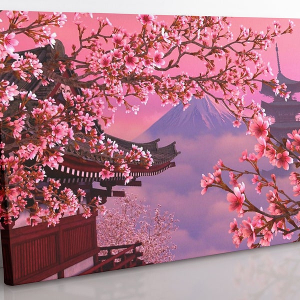 Japanische Kirschblüte Fuji Leinwand Wandkunst, gerahmt Floral Japan Fine Art Print Reproduktion, fertig zum Aufhängen Home Decor Wandkunst.