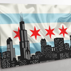 Chicago Illinois City Skyline Canvas Wall Art, Ingelijste Chicago Vlag Print Home Decor Wall Art, Esthetische Kamer Decor Wall Decor Print