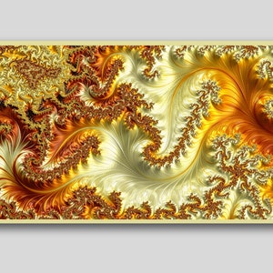 Op de afbeelding: Abstracte digitale kunstprint met draaiende patronen in tinten van goud, oranje en wit.