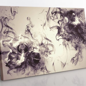 May include: Abstract art print featuring swirling black and white smoke-like patterns on a beige background.