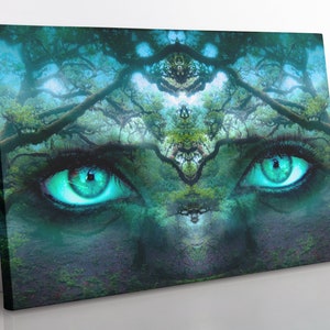 Mystical Fantasy Forest Eyes Canvas Wall Art, Large Framed Fantasy Art Home Decor Wall Art, Aesthetic Room Decor Boho Print For Bedroom