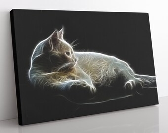 May include: A white cat with a glowing outline, lying on a black background. The cat's fur is depicted with a swirling, abstract pattern.