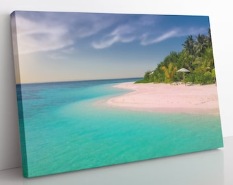 Impresión en lienzo de atardecer en playa tropical: arte mural oceánico enmarcado