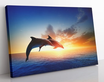 Delfine Sonnenuntergang Ozean Leinwanddruck: Großes gerahmtes Wandbild