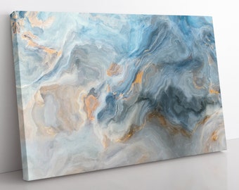 May include: Abstract painting with swirling blue, gray, and gold hues. The colors blend together to create a marbled effect.