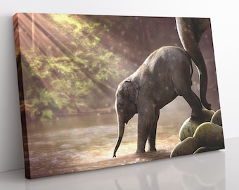 Baby Elephant Canvas Print, Framed Giclée Wall Art