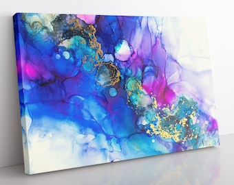 May include: Abstract painting with blue, purple, pink, and gold colors. The painting has a fluid, flowing style with swirls and circles.