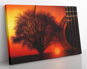 Leinwanddruck Klassische Gitarre: Baum bei Sonnenuntergang, Musiker