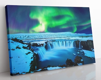 Godafoss Wasserfall Leinwanddruck: Gerahmte Nordlicht Landschaft Wandkunst