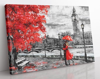 Stampa su tela con ombrello rosso di Londra: arte murale con paesaggio urbano incorniciato