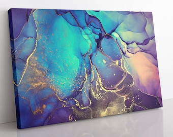 May include: Abstract painting with swirling blue, purple, and green colors with gold accents. The painting has a fluid, organic look.