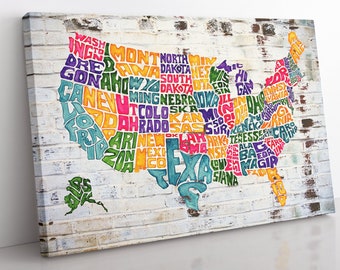 America Graffiti Map Canvas Wall Art, Framed USA Map Canvas Print Home Decor Wall Art, Aesthetic Room Decor, Living Room Art Print Home Gift